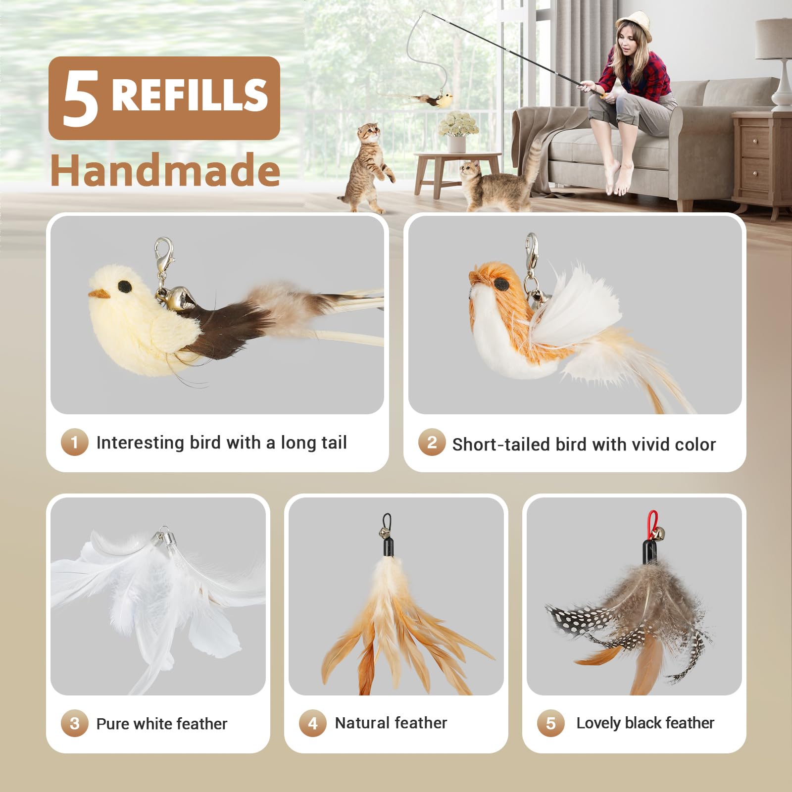 Rosaui Cat Teaser Wand Toys, Interactive Bird Toys For Indoor Kittens, 42.15 Long Cat Fishing Pole Toys, 2Pcs Wires And 5Pcs Nat